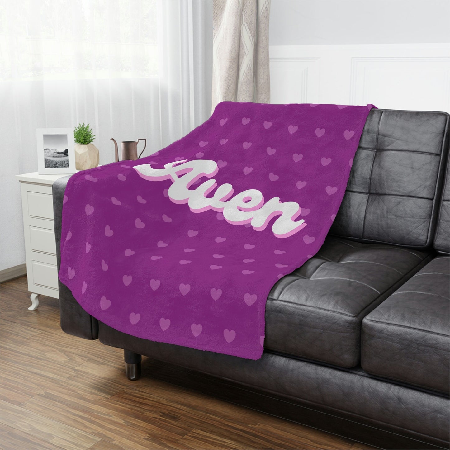 Personalized Pink and Purple Heart Name Blanket