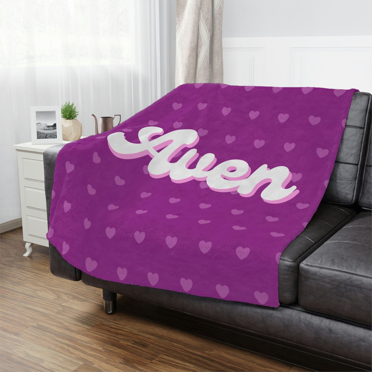 Personalized Pink and Purple Heart Name Blanket