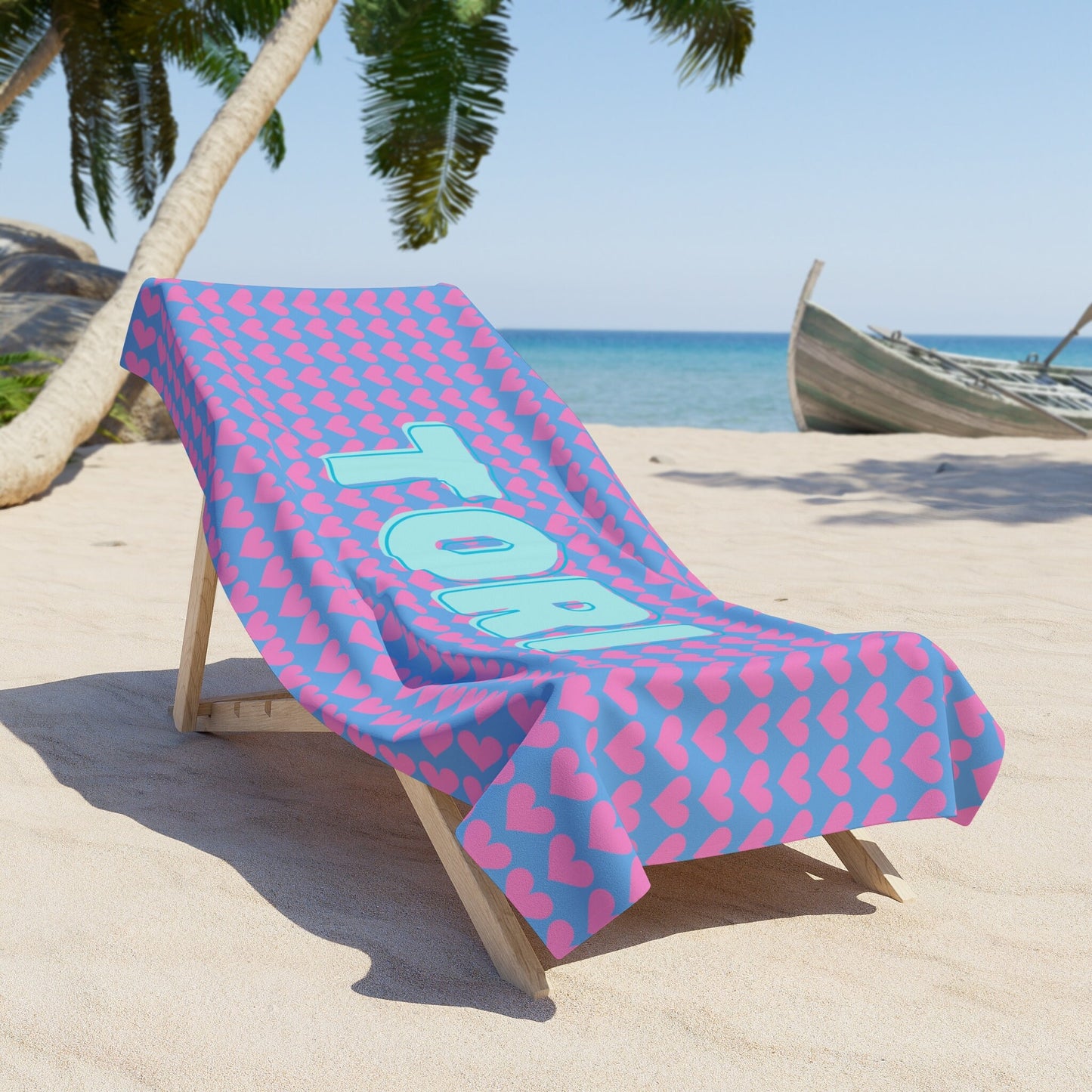 Personalized Pink and Blue Hearts Beach Towel