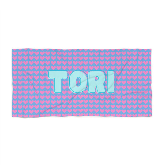 Personalized Pink and Blue Hearts Beach Towel