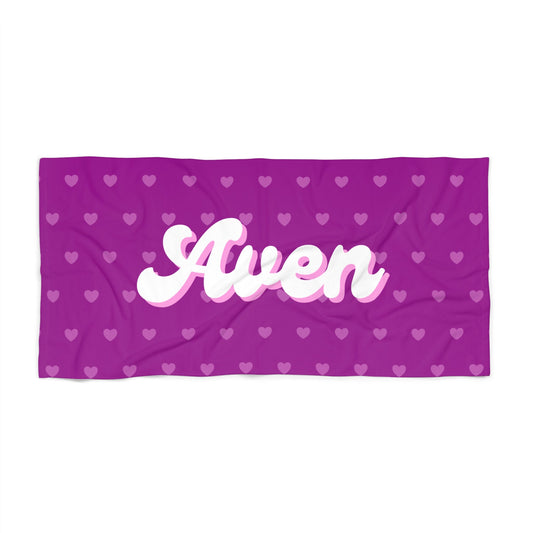 Personalized Purple and Pink Hearts Beach Towel