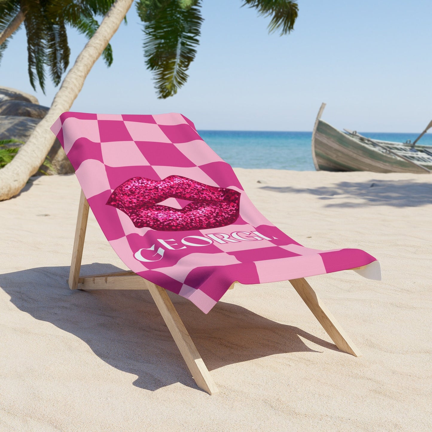 beach towel pink custom name checkered beach towel trendy pink checkers beach towel fun pink girly beach towel