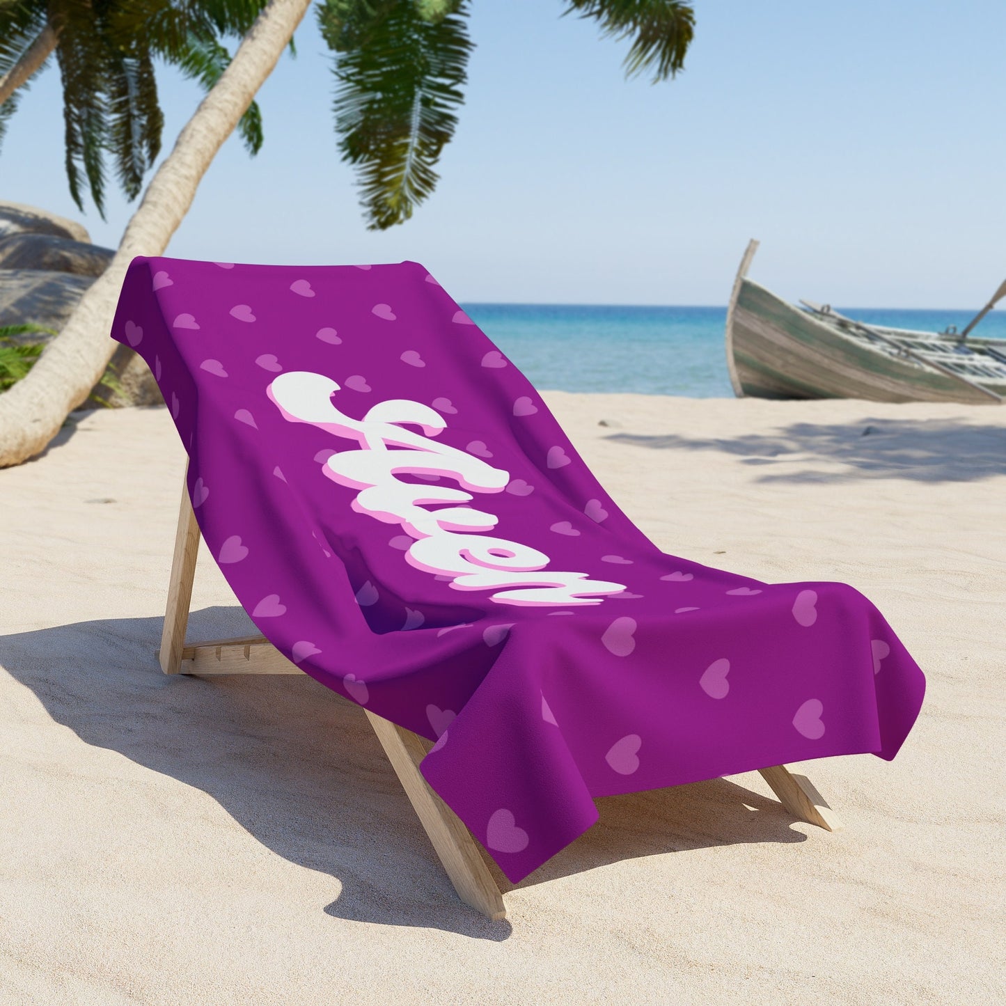 Personalized Purple and Pink Hearts Beach Towel