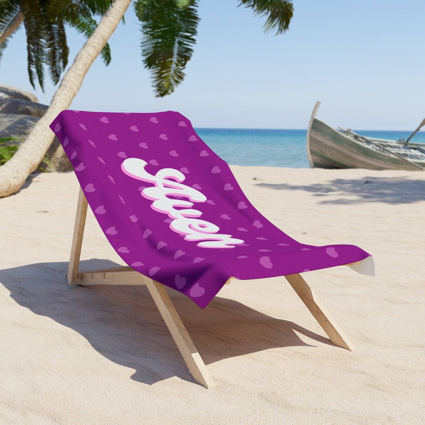 Personalized Purple and Pink Hearts Beach Towel