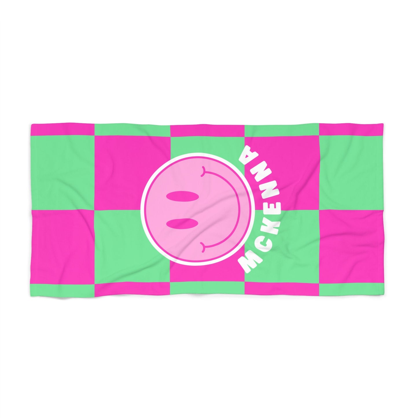 Personalized Pink and Green Checkered Smiley Face Beach Towel