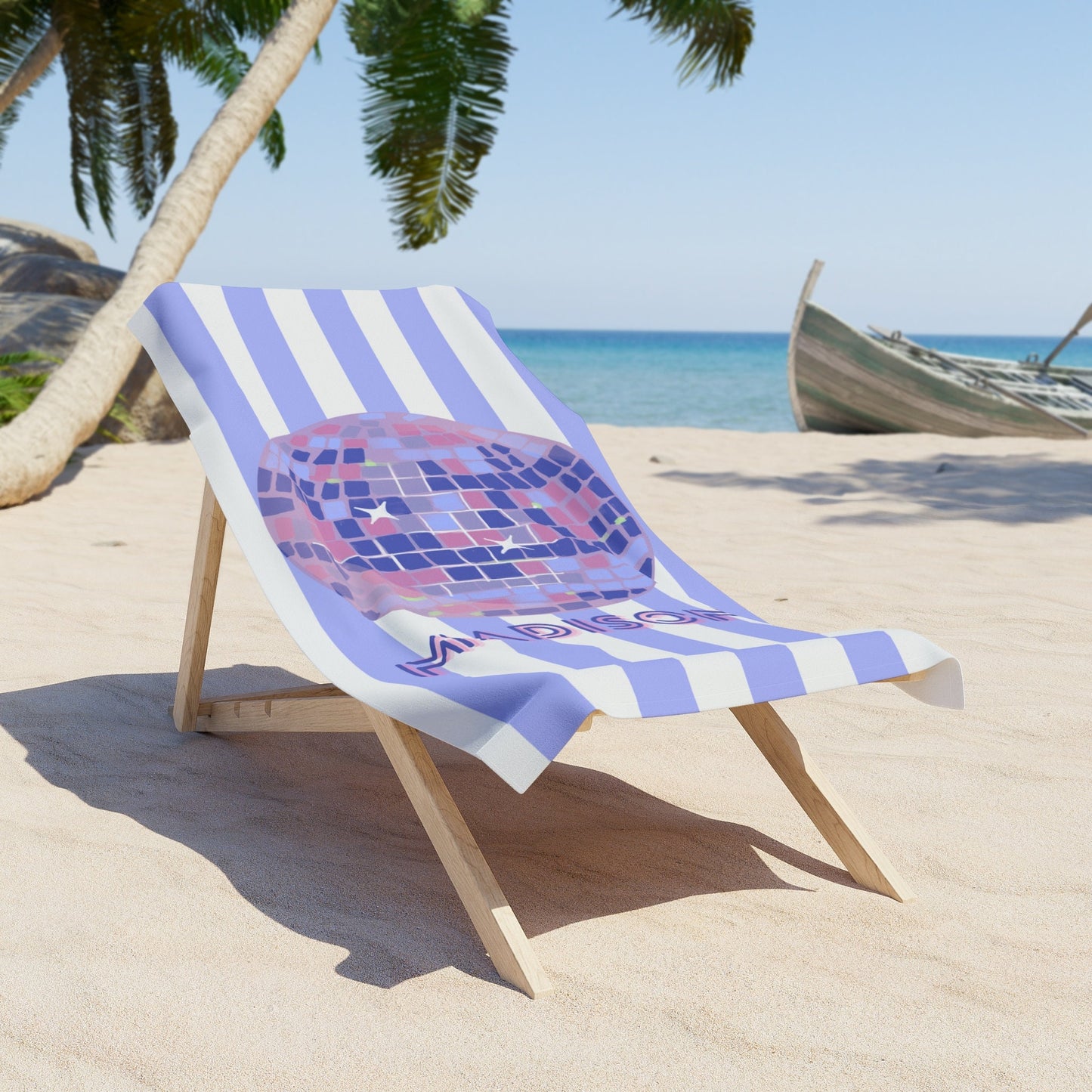 Personalized Purple Striped Disco Ball Beach Towel