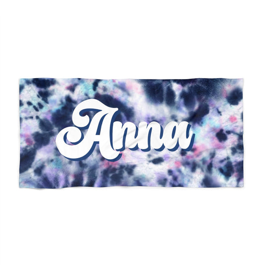 Personalized Navy and Purple Tie Dye Name Beach Towel