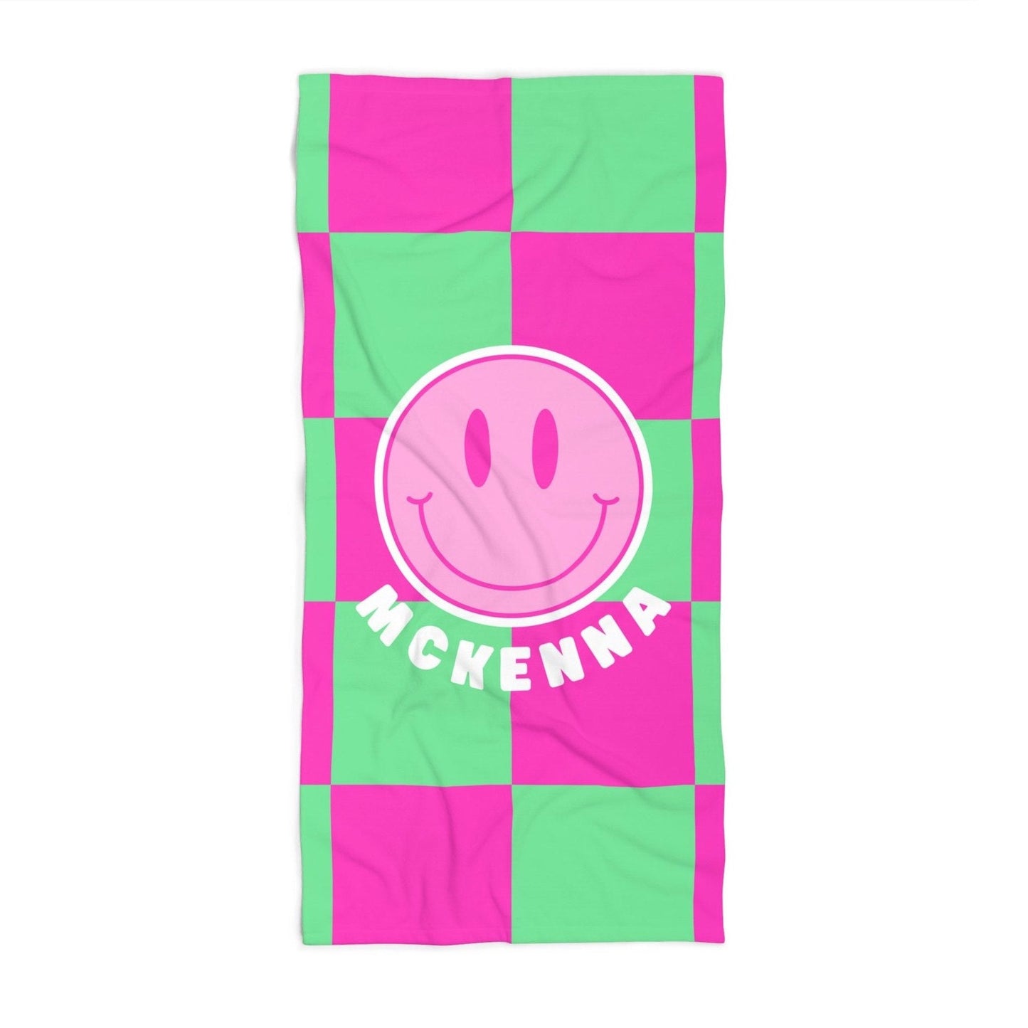 Personalized Pink and Green Checkered Smiley Face Beach Towel