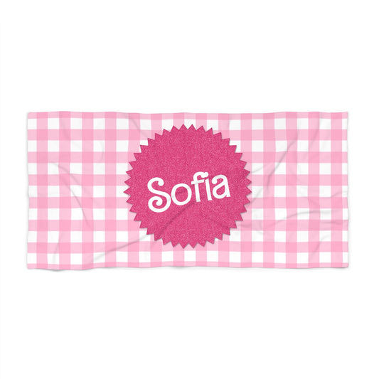 Personalized Kids Pink Gingham Beach Towel